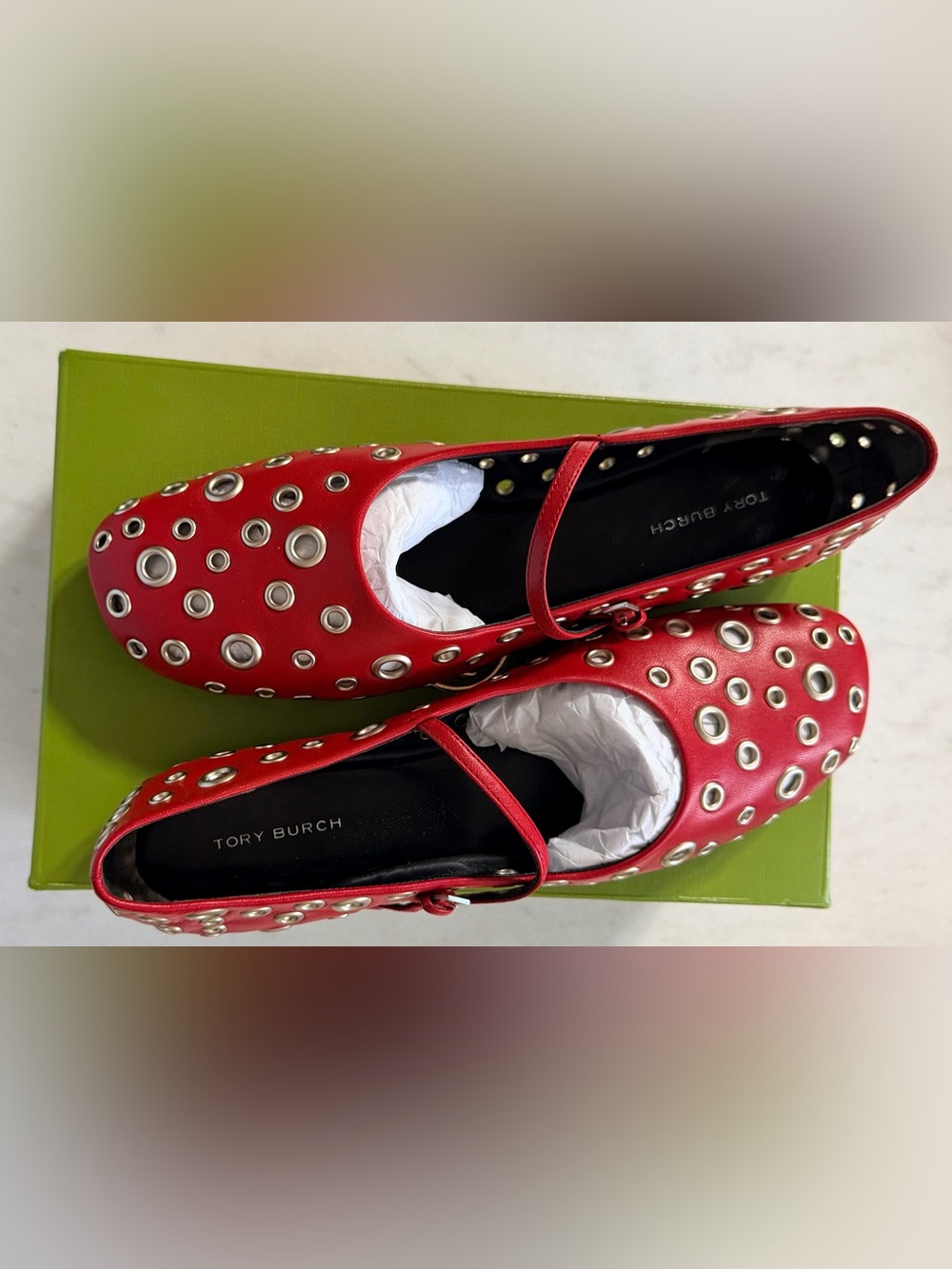 NEW Tory Burch Red Leather Mary Jane Flats with Silver Grommets